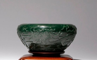 A LARGE CHINESE SPINACH-GREEN JADE 'DRAGON' BRUSH WASHER 19TH CENTURY...