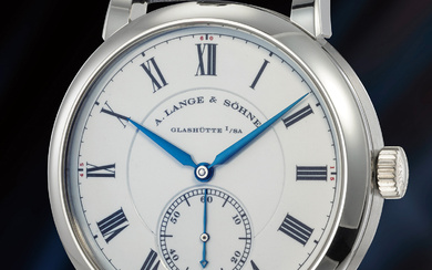 A. Lange & Söhne, Ref. 260.025 A very fine and rare limited edition platinum wristwatch with small seconds, Roman numerals, enamel dial, fusée and chain movement, guarantee and presentation box, numbered 04 of a limited edition of 50 pieces