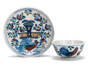 A London delftware teabowl and saucer attributed to Vauxhall, circa 1715-25