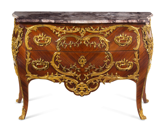A Louis XV Style Gilt Metal Mounted Kingwood Marble-Top Bombé Commode
