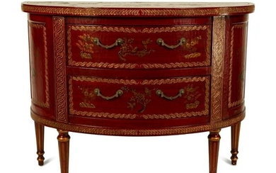 A Louis XVI Style Red and Gilt Lacquer Demi-lune