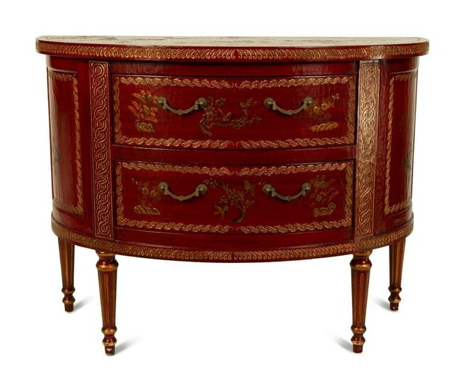 A Louis XVI Style Red and Gilt Lacquer Demi-lune