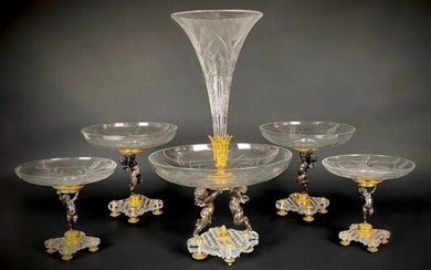 A MAGNIFICENT SIGNED 5 PIECE BRONZE AND BACCARAT GALSS