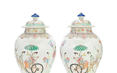 A MIRRORED PAIR OF FAMILLE ROSE 'LADIES AND DEER' JARS AND COVERS