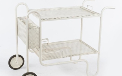 A MODERN TWO TIER AUTO TROLLEY WITH PERFORATED TRAYS IN WHITE ENAMEL, ATTRIBUTED TO MATHIEU MATEGOT, 76CM H X 91CM L X 44CM D