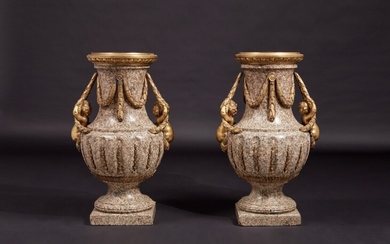 A Monumental Pair of Gilt Bronze-Mounted Pink Granite Vases, the Mounts Circa 1840 After Designs by Jean-Louis Prieur or Jean-François Forty; the Vases Possibly Late 18th Century