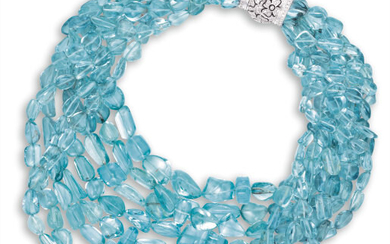 A Multi-strand Aquamarine Bead and Diamond Necklace, 海水藍寶石珠配鑽石項鏈海水藍寶石珠配鑽石項鏈