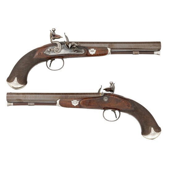 A PAIR OF 20 BORE SILVER-MOUNTED FLINTLOCK OFFICER'S PISTOLS BY BRUNN