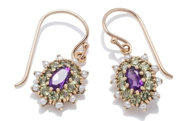 A PAIR OF 9CT GOLD SUFFRAGETTE STYLE EARRINGS; each a cluster centring an oval cut amethyst surrounded by peridots and seed pearls o...