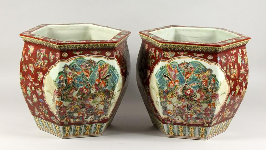 A PAIR OF CHINESE POTTERY HEXAGONAL PLANTERS. 1ft