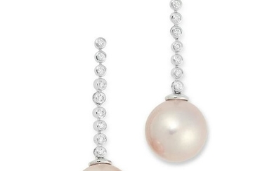 A PAIR OF DIAMOND AND PINK PEARL DROP EARRINGS set with