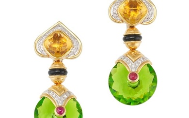 A PAIR OF DIAMOND, RUBY, ONYX AND GLASS DROP EARRINGS each set with a fancy cut citrine in a border