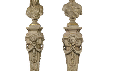 A PAIR OF FRENCH GILT AND CREAM-PAINTED CAST-IRON BUSTS AND...