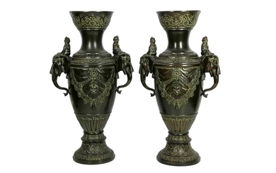 A PAIR OF LARGE ORIENTALIST POTTERY VASES WITH BRONZE FINISH Possibly Germany or France, late 19th - early 20th century