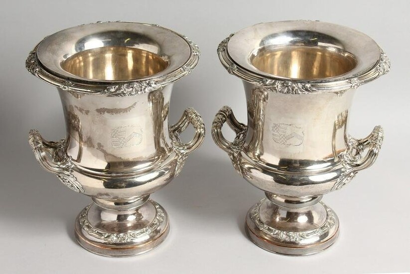 A PAIR OF OLD SHEFFIELD PLATE URN SHAPED WINE COOLERS.