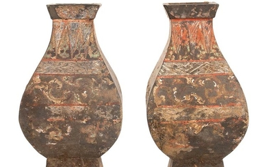 A PAIR OF PAINTED CERAMIC SQUARE VASES, FANGHU China, Han...