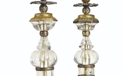 A PAIR OF ROCK CRYSTAL, ORMOLU AND SILVERED METAL CANDLESTICKS, PARTS POSSIBLY 17TH CENTURY