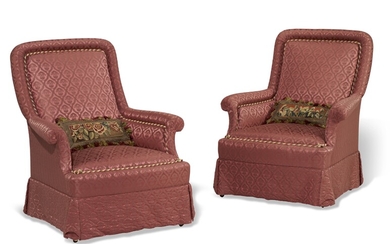 A PAIR OF UPHOLSTERED EASY ARMCHAIRS
