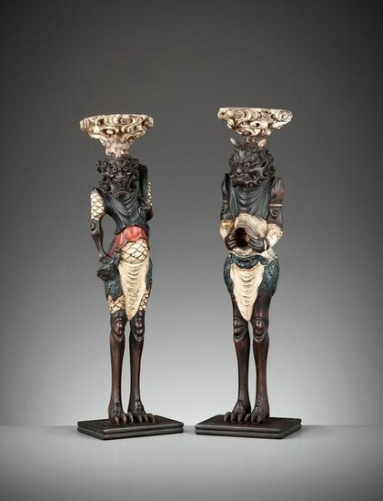 A PAIR OF WOOD FIGURAL CANDLESTICKS OF ONI