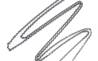 A PANDORA SILVER LARIET; cable link chain attached with 5 charms, length 98cm.