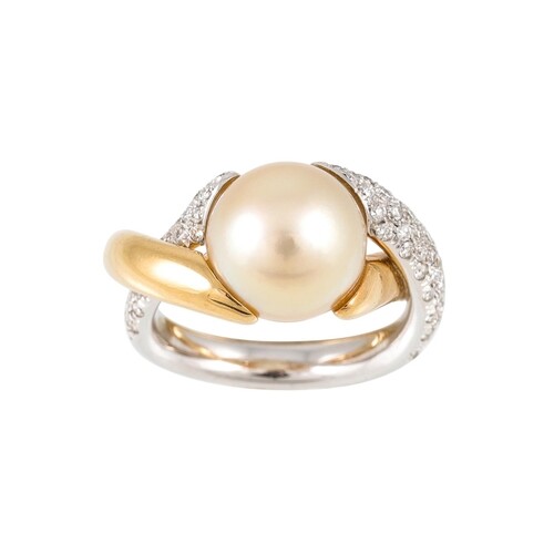 A PEARL AND DIAMOND RING, the central golden pearl to a diam...
