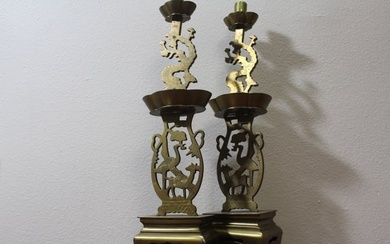A Pair of Chinese Brass Candlesticks