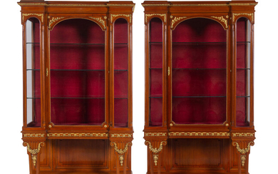 A Pair of Louis XVI Style Gilt Bronze and Metal Mounted Walnut Vitrine Cabinets