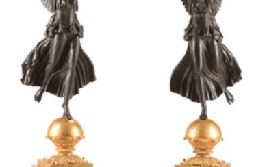 A Pair of Monumental Empire-Style Gilt and Patinated Bronze Seven-Light Figural Candelabra