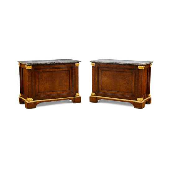 A Pair of Neoclassical Style Marble Top Parcel Gilt Pollard Oak Cabinets