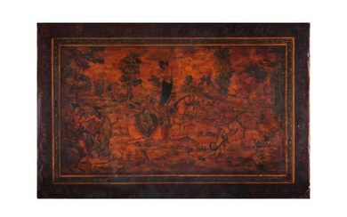 A QAJAR LACQUERED PAPIER-MÂCHÉ PANEL WITH FATH' ALI SHAH HUNTING Iran, 19th century