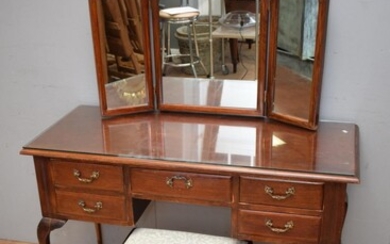 A QUEEN ANNE STYLE SDRESSING TABLE AND STOOL (A/F) (144H X 122W X 56D CM) (PLEASE NOTE THIS HEAVY ITEM MUST BE REMOVED BY CARRIERS A...