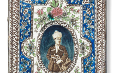 A Qajar underglaze-painted moulded pottery tile depicting a man wearing...
