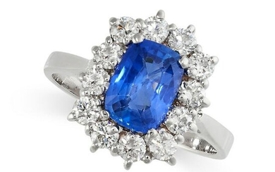 A SAPPHIRE AND DIAMOND CLUSTER RING Cushion cut blue