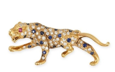 A SAPPHIRE, DIAMOND AND RUBY PANTHER BROOCH in 18ct