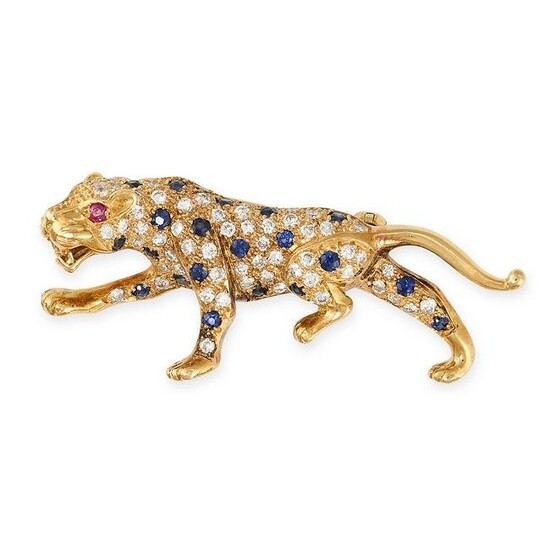 A SAPPHIRE, DIAMOND AND RUBY PANTHER BROOCH in 18ct