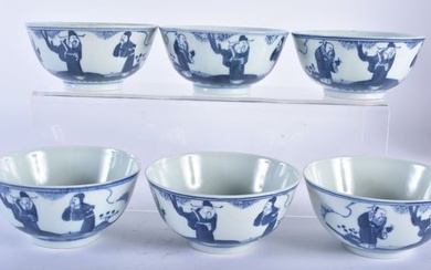 A SET OF SIX 19TH CENTURY CHINESE BLUE AND WHITE PORCELAIN BOWLS Kangxi style. 11.5 cm diameter. (6)