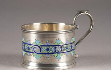 A SILVER AND CHAMPLEVÃ‰ ENAMEL TEAGLASS HOLDER