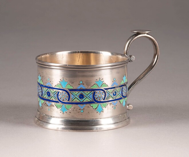 A SILVER AND CHAMPLEVÉ ENAMEL TEAGLASS HOLDER