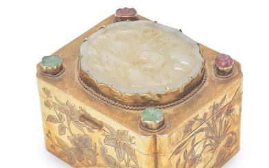 A SILVER GILT BRASS BOX WITH WHITE JADE PLAQUE 19th...