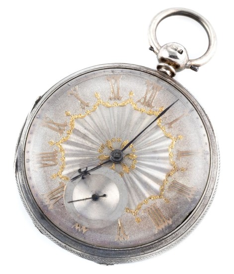 A STERLING SILVER OPEN FACE POCKET WATCH; silver dial, applied gilt Roman numerals, subsidiary seconds, fusee movement, case diam. 5...