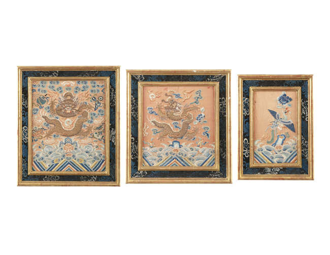 A SUITE OF (3) EMBROIDERED SILK FRAGMENTS OF...