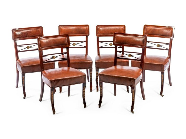 A Set of Six Baltic Marquetry Decorated Dining Chairs