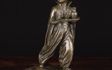 A Small 20th Century Bronze Figure of a Turkish Serving Boy wearing a turban and carrying a drink tr