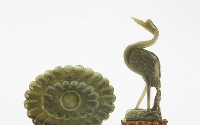 A Spinach Jade Carving of a Crane, Together With a