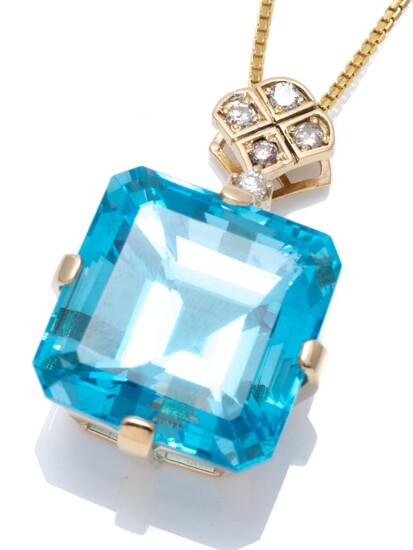 A TOPAZ AND DIAMOND PENDANT NECKLACE; featuring an 18ct gold set square emerald cut blue topaz of approx. 41.00cts (19 x 19.4mm) to...