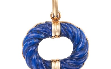 A VINTAGE LAPIS LAZULI PENDANT deigned as an open oval set with carved lapis lazuli, stamped 750,...