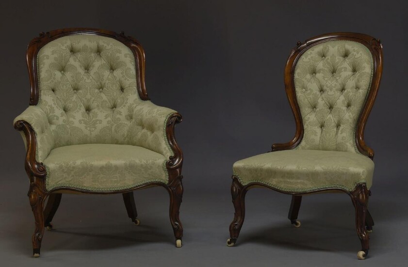 A Victorian mahogany and upholstered gentleman's armchair together with matching...