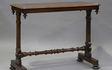 A Victorian mahogany centre table, raised on shaped supports and turned feet, height 73cm, width 92c