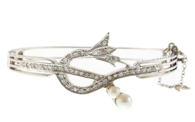 A Vintage Pearl & Diamond Bangle Bracelet in 14K