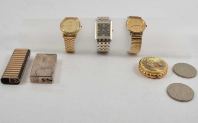 A collection of wristwatches, cigarette lighters, bead necklaces, commemorative crowns.